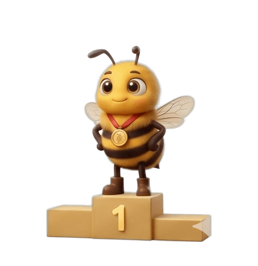 Bee Buddy smiling on a spelling podium