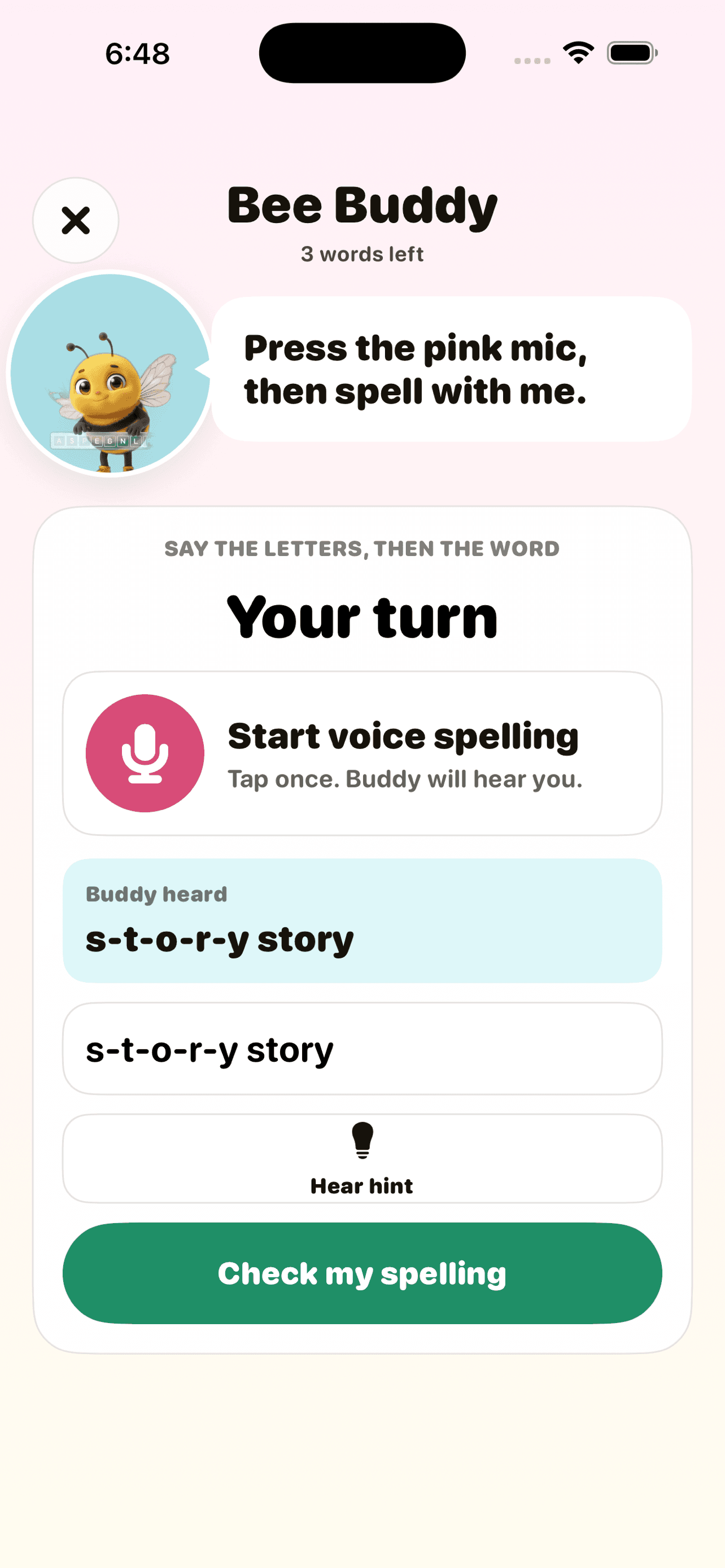 Bee Buddy spelling attempt screen with a child spelling a word by typing or voice.