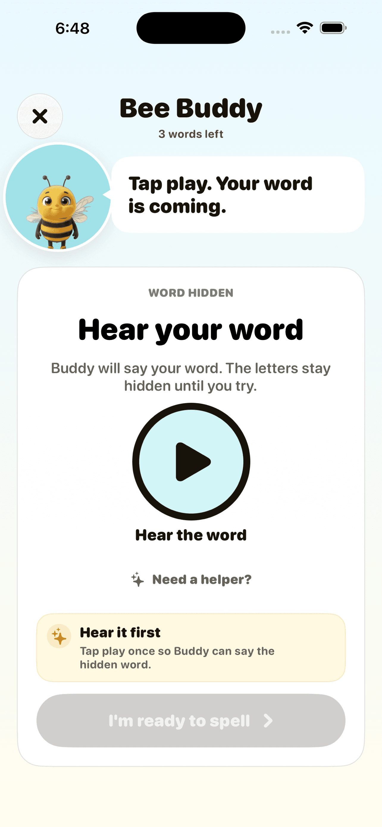 Bee Buddy listening screen where a child taps to hear a spelling word.