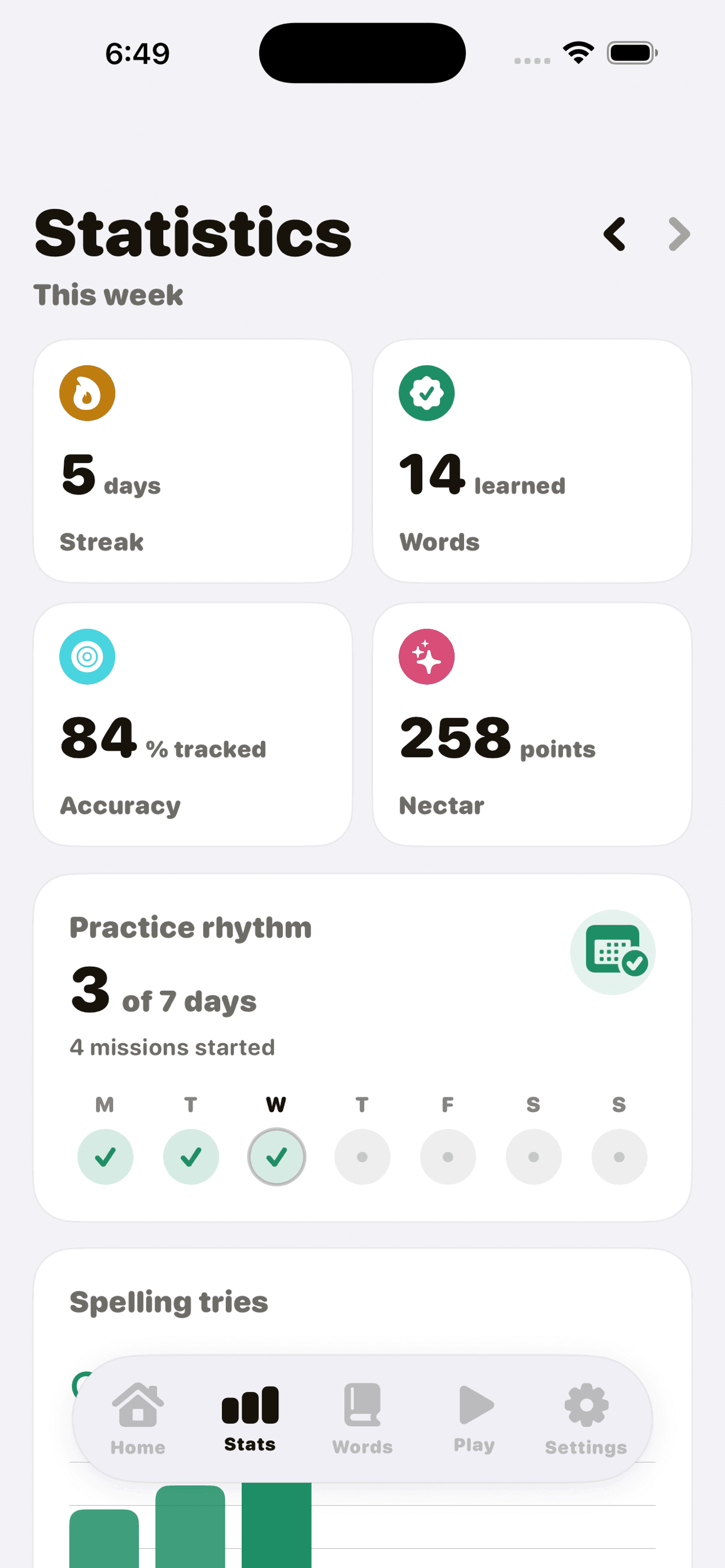 Bee Buddy stats screen showing spelling progress and practice streak.