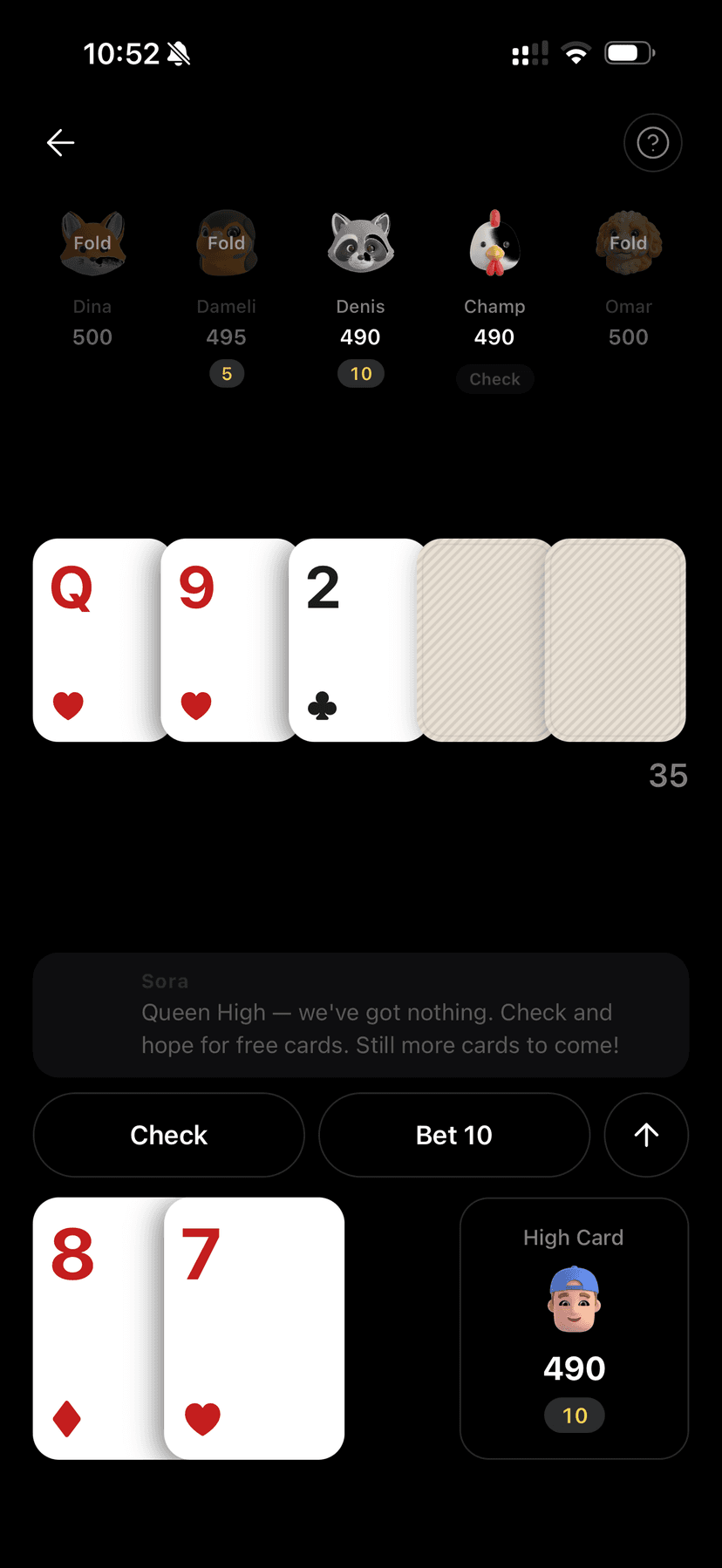 Pocket Hold'em — game table with Sora coaching