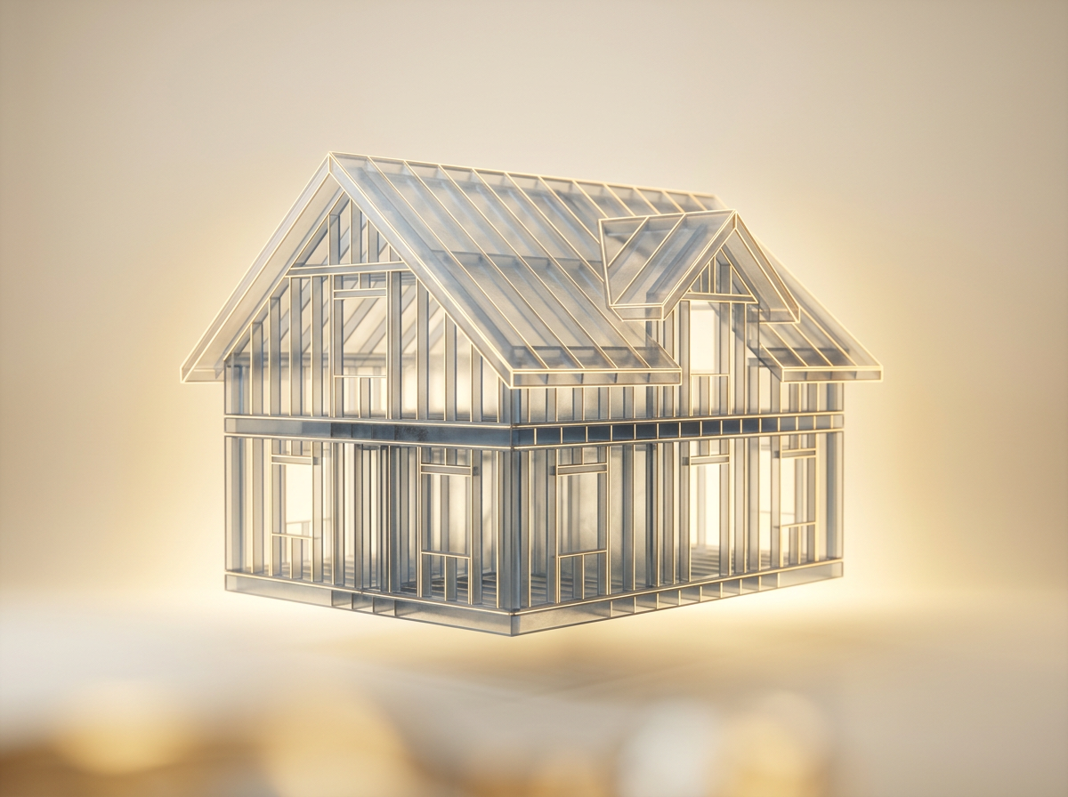 A glass wireframe house on a hillside, the fourth home in planning.