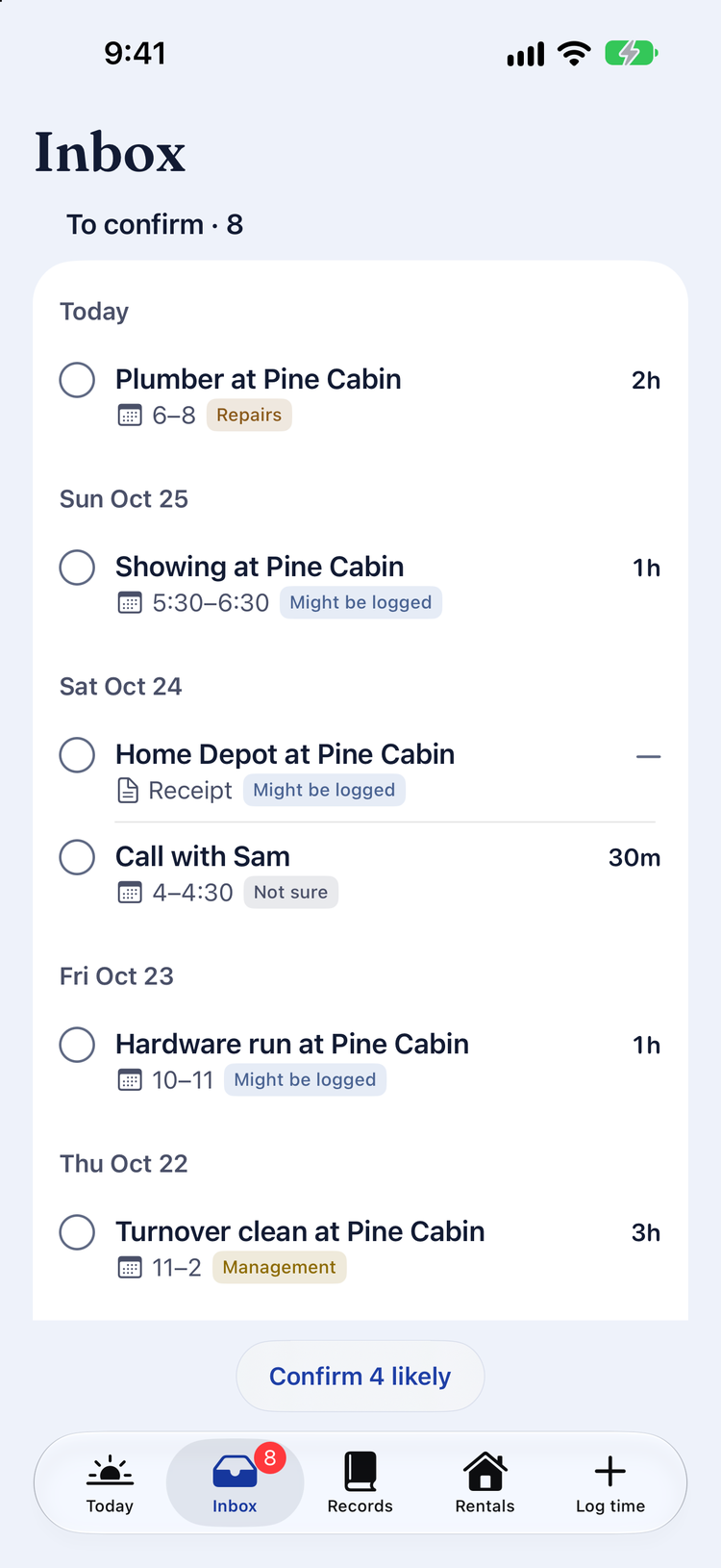 Dormer Inbox listing calendar events to confirm, such as a plumber visit and a showing.