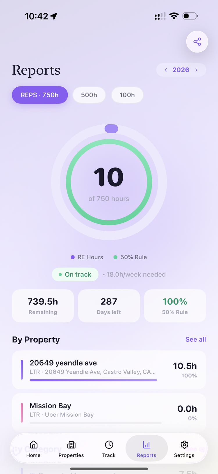 LandlordHours reports screen, tracking hours logged across rental properties.