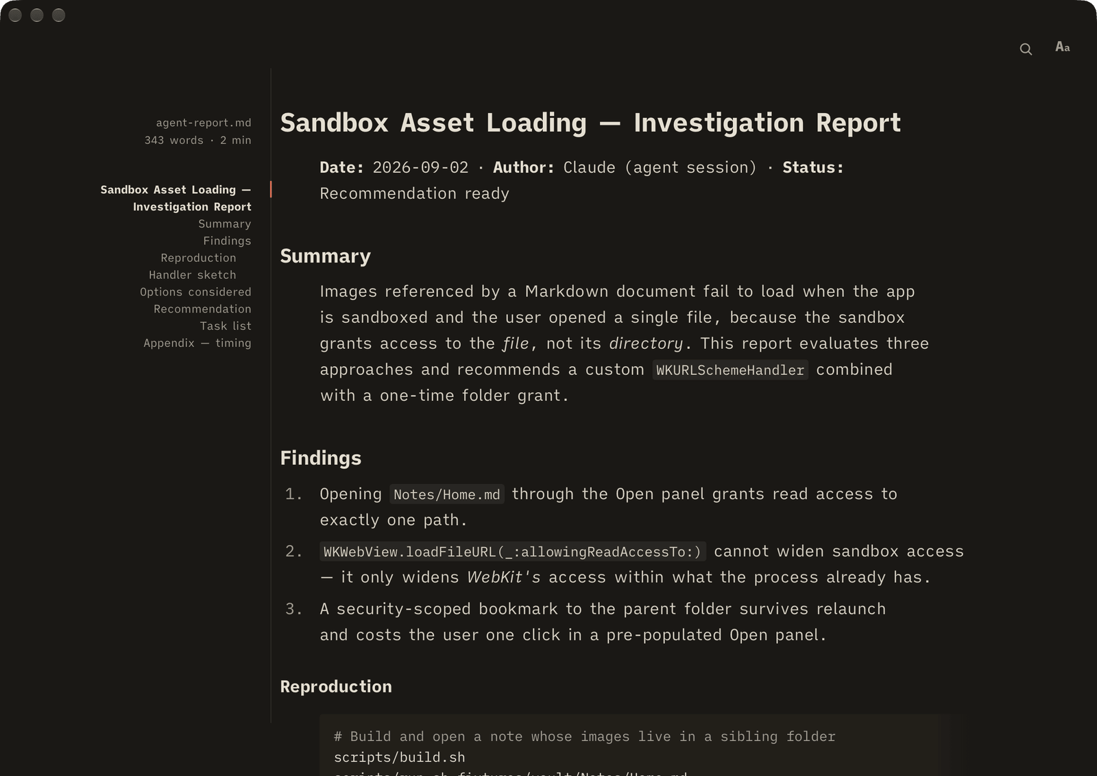 The same report in Margin's dark appearance: warm off-white text on a low warm-black page, the margin outline and vermilion current-section marker unchanged.