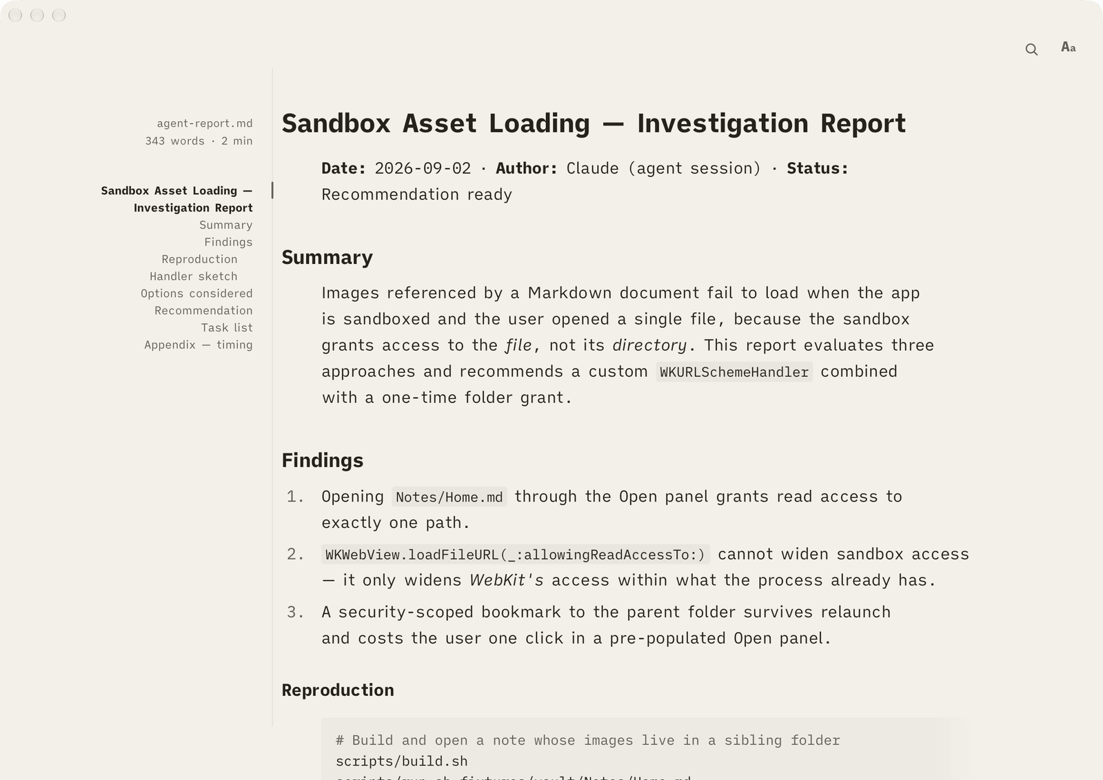 Margin reading an agent's investigation report on warm paper: the file name, word count and a right-aligned outline sit in the left margin against a printed rule, with a vermilion marker beside the current section.