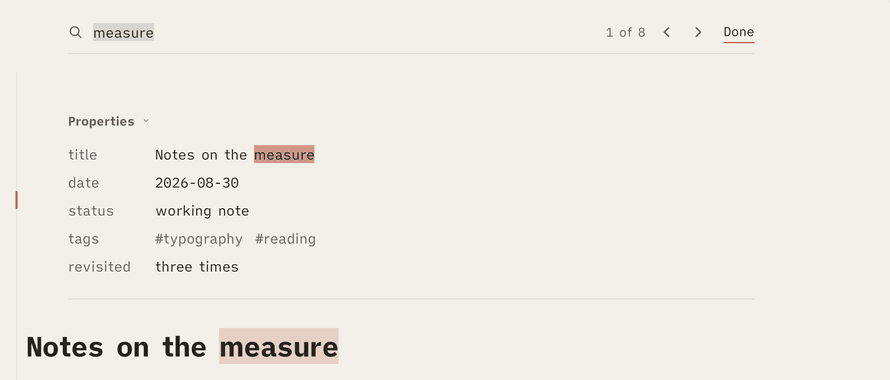 The find strip across the top of the page reading measure, 1 of 8, with Done at the right, and the matches marked in pale vermilion through the YAML properties block and the title below.