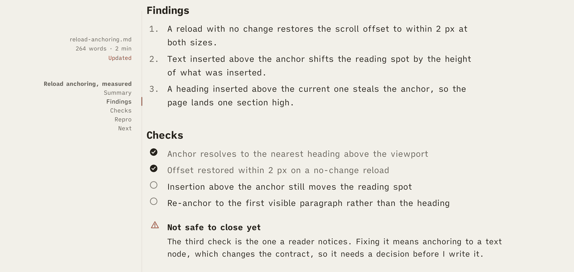 The margin of an agent's report showing the file name, word count, and the word Updated in vermilion, beside a checklist and a warning callout in the document.