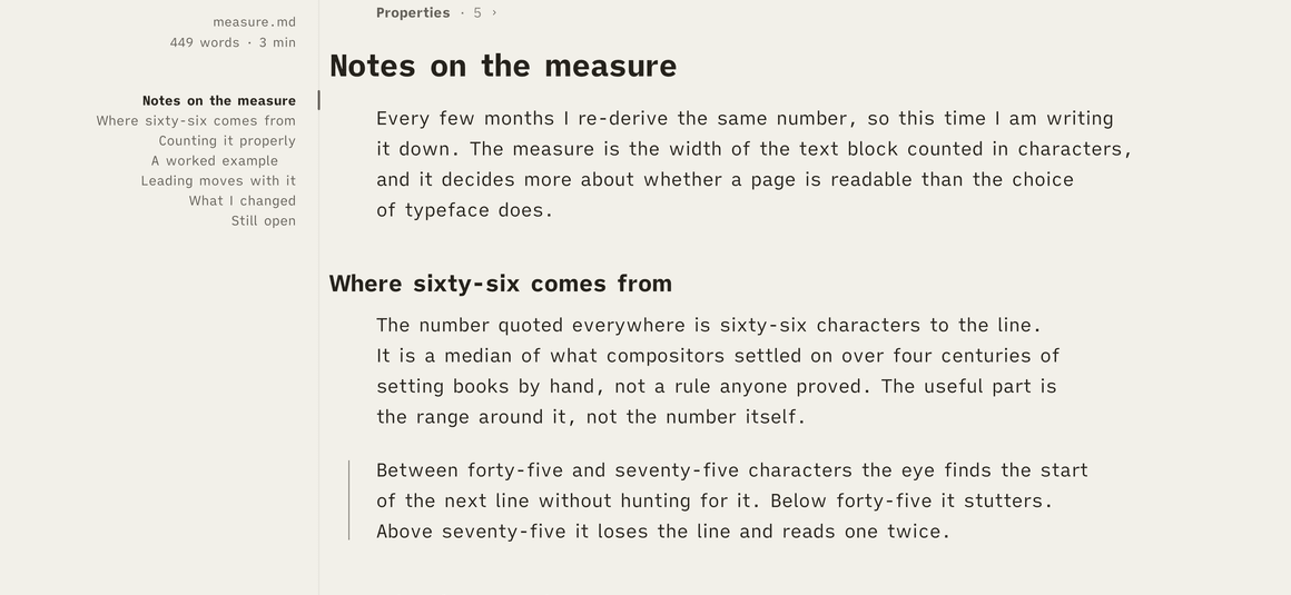 The top of the window: the .md file name, word count and reading time, then the document outline in small right-aligned type with a short vermilion mark beside the section being read, and the prose starting on the other side of a faint printed rule.