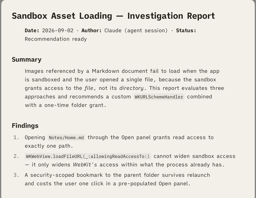 A macOS Quick Look panel floating on a grey backdrop, previewing an AI agent&rsquo;s Markdown report: the heading, a bold metadata line, a Summary section, and the first three numbered findings, all set on warm paper.