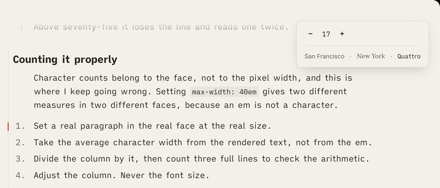 A small text-size card in the corner of the window with a size stepper reading 17 and three typefaces to choose from: San Francisco, New York and Quattro, floating over the Markdown page.