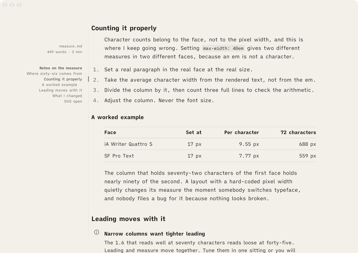 A closer look at the Markdown reading surface: a numbered list whose numerals sit out in the gutter, a table ruled above and below its header, and a callout with no box, only an icon hanging in the margin.