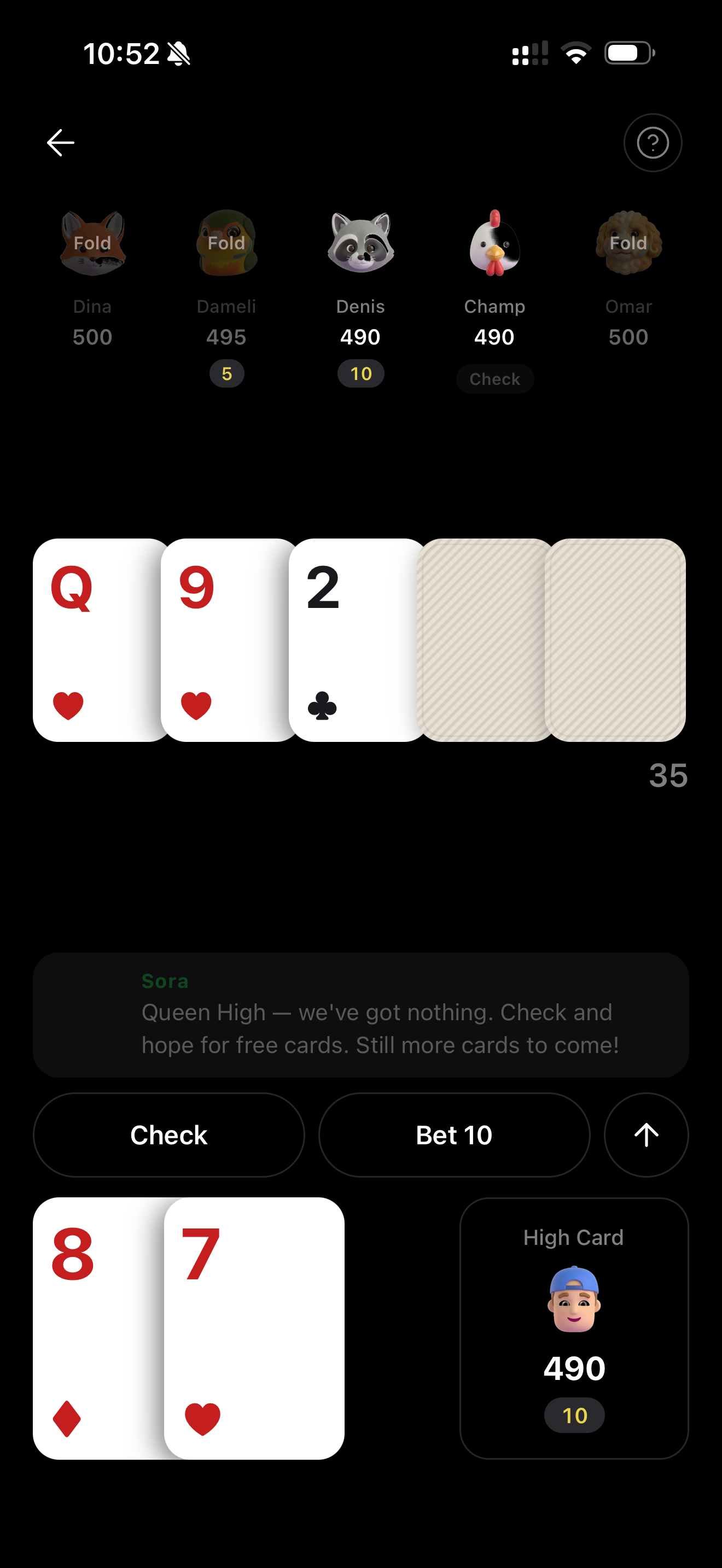 Handly Poker Coach game screen.
