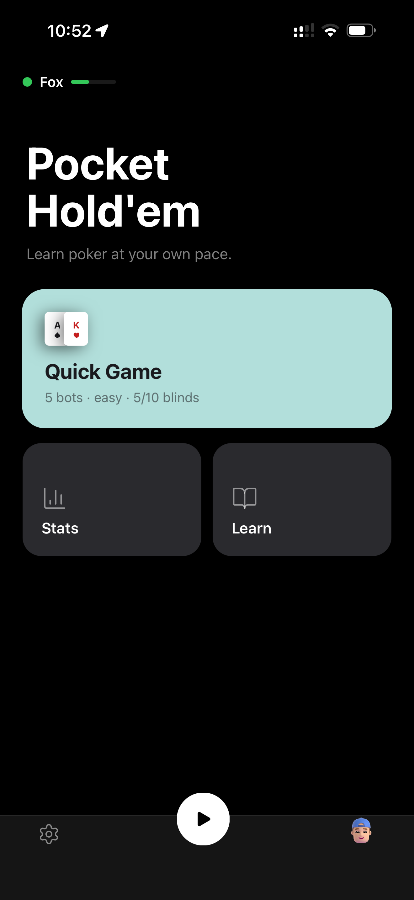 Handly Poker Coach home screen with Quick Game, Stats, and Learn.
